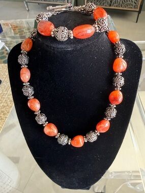 Handcrafted Carnelian Statement Necklace and Bracelet with Ornate Silver Accents